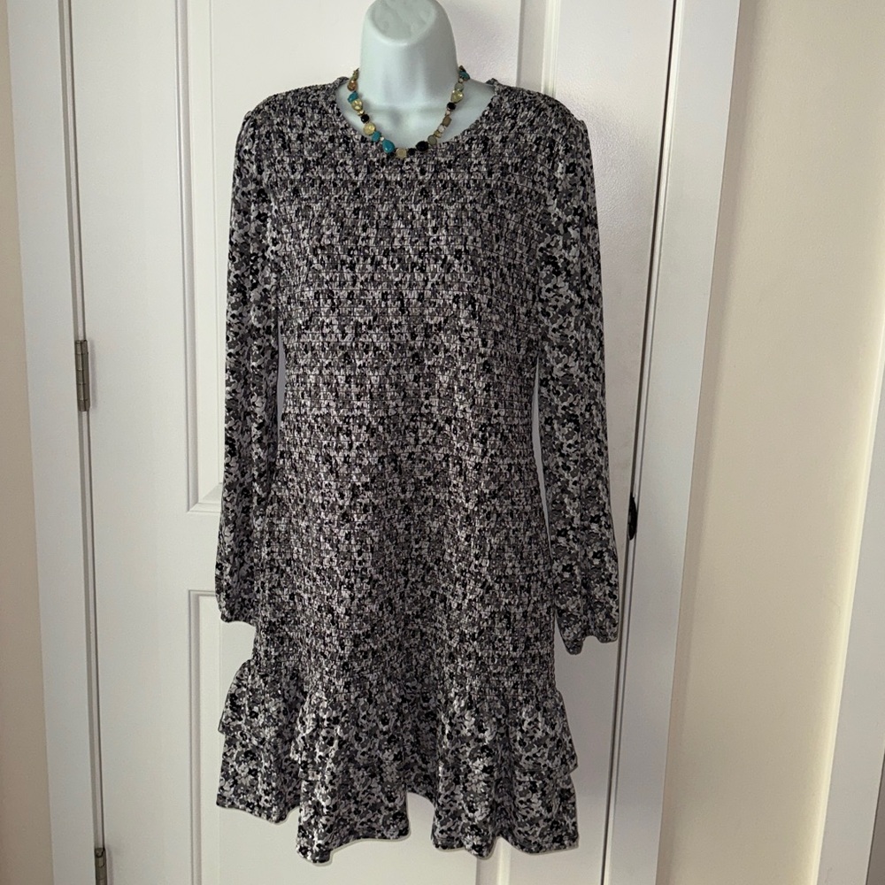 Michael Kors Black and White Textured Dress -puckered bodice and ruffled hemline